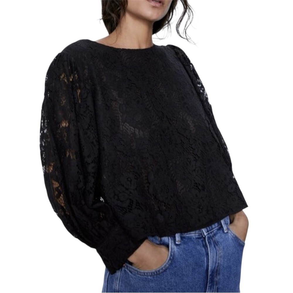 Zara Black Lace Long-Sleeve Top Size Medium